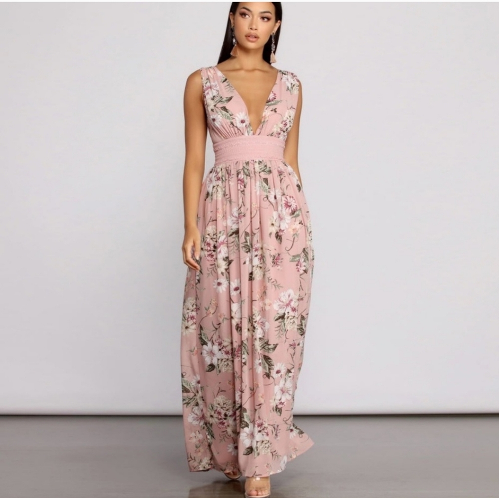 Windsor Floral Chiffon Maxi Dress • Plunging V-Neckline, Crochet Lace Formal